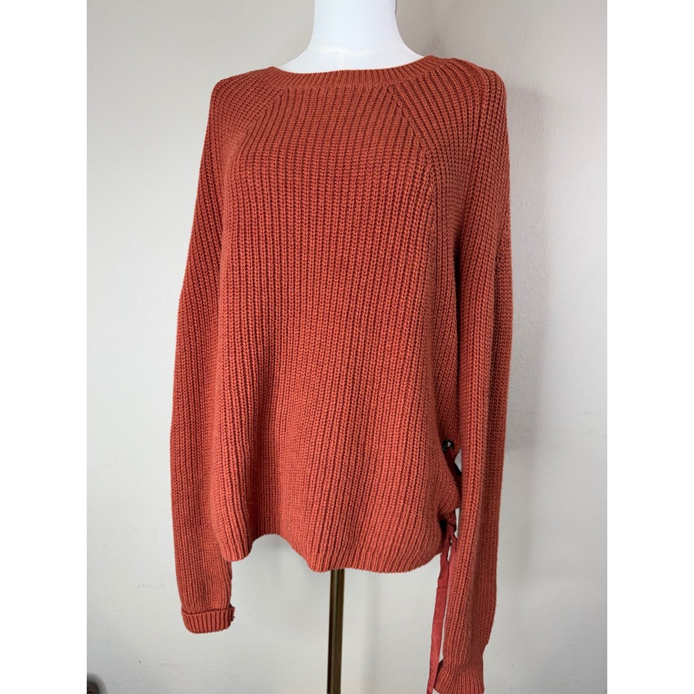 Sundance Terracotta Orange Cotton Shaker Knit Side Lace Up Sweater Small